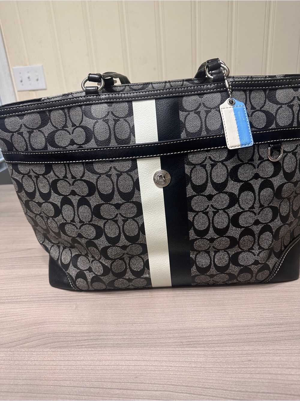 Coach Chelsea Black and White Signature Stripe Tote